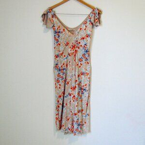 Free People Floral Midi Dress Flutter Ruffle Sleeve Fairy Cream Beige Medium